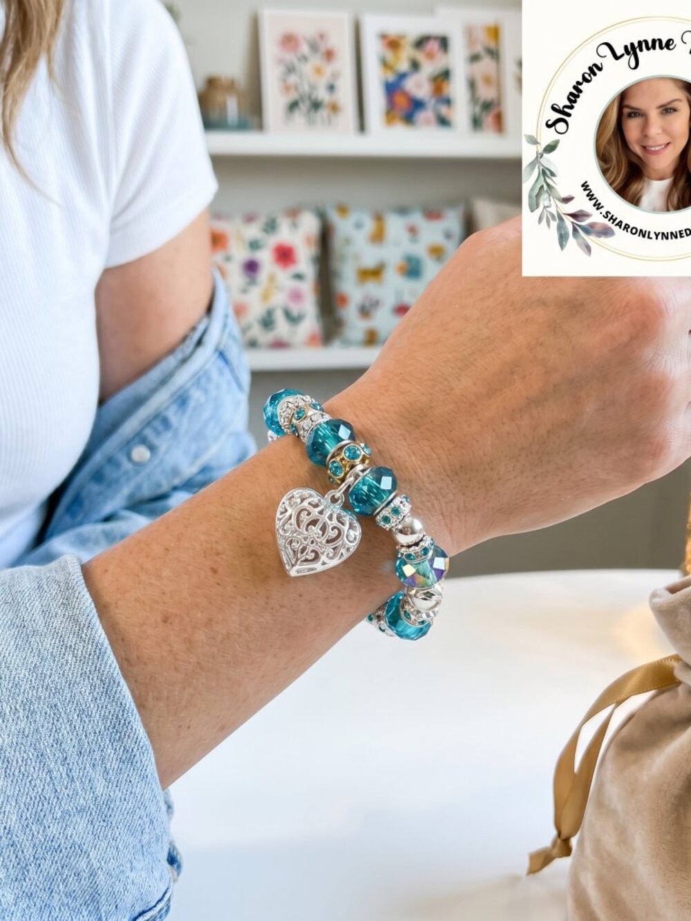 💙💛 Heart Silver, Blue & Yellow Crystal Glass Bracelet 💛💙 - Picture 2 of 5